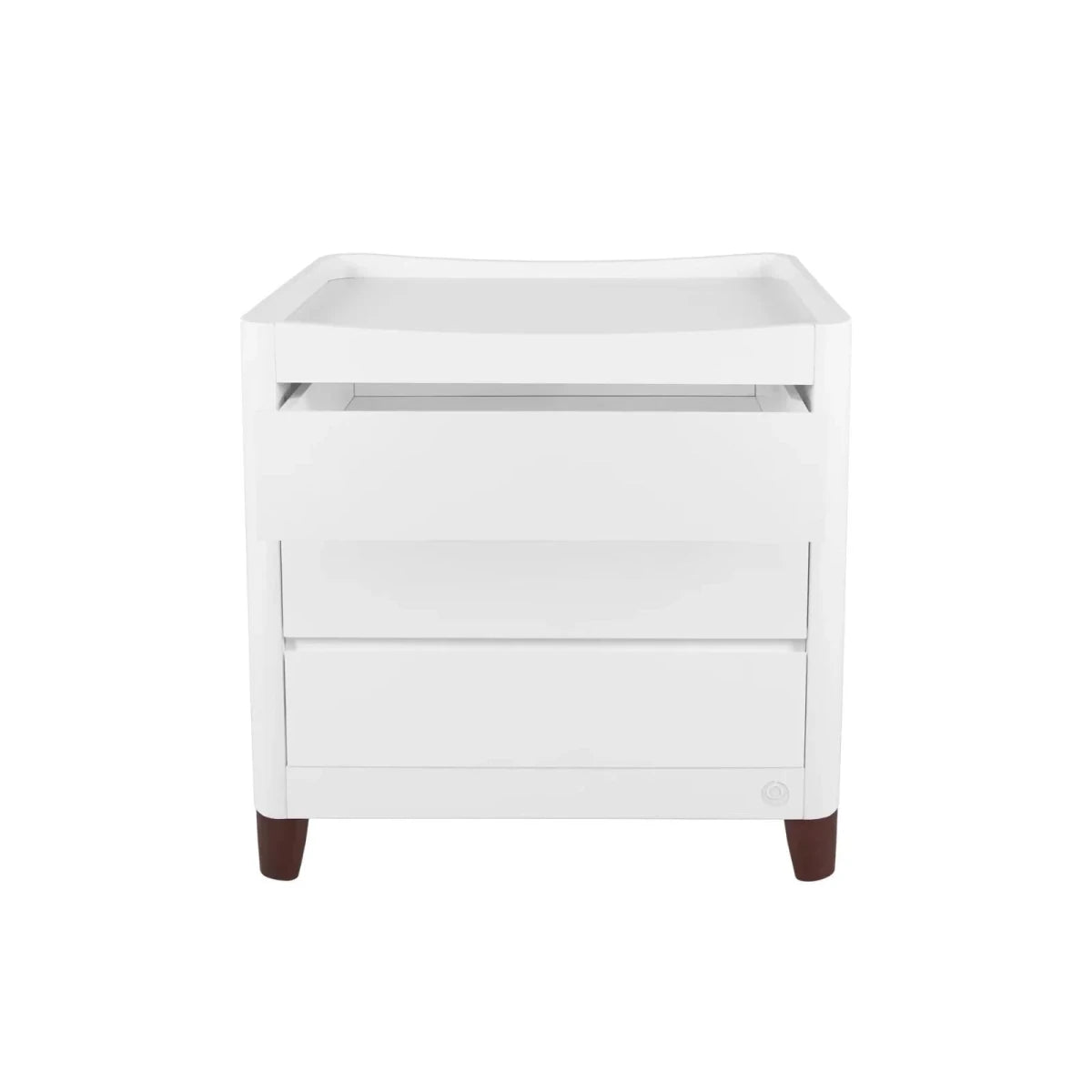 White baby dresser with two drawers and top changing tray, walnut-toned feet