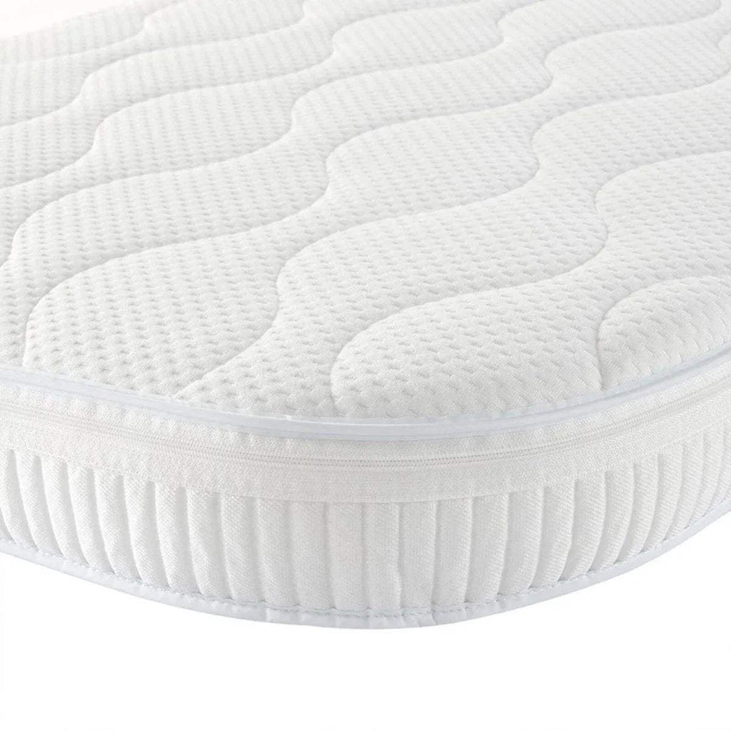 Mini cot mattress, white quilted top with ribbed side skirt edging