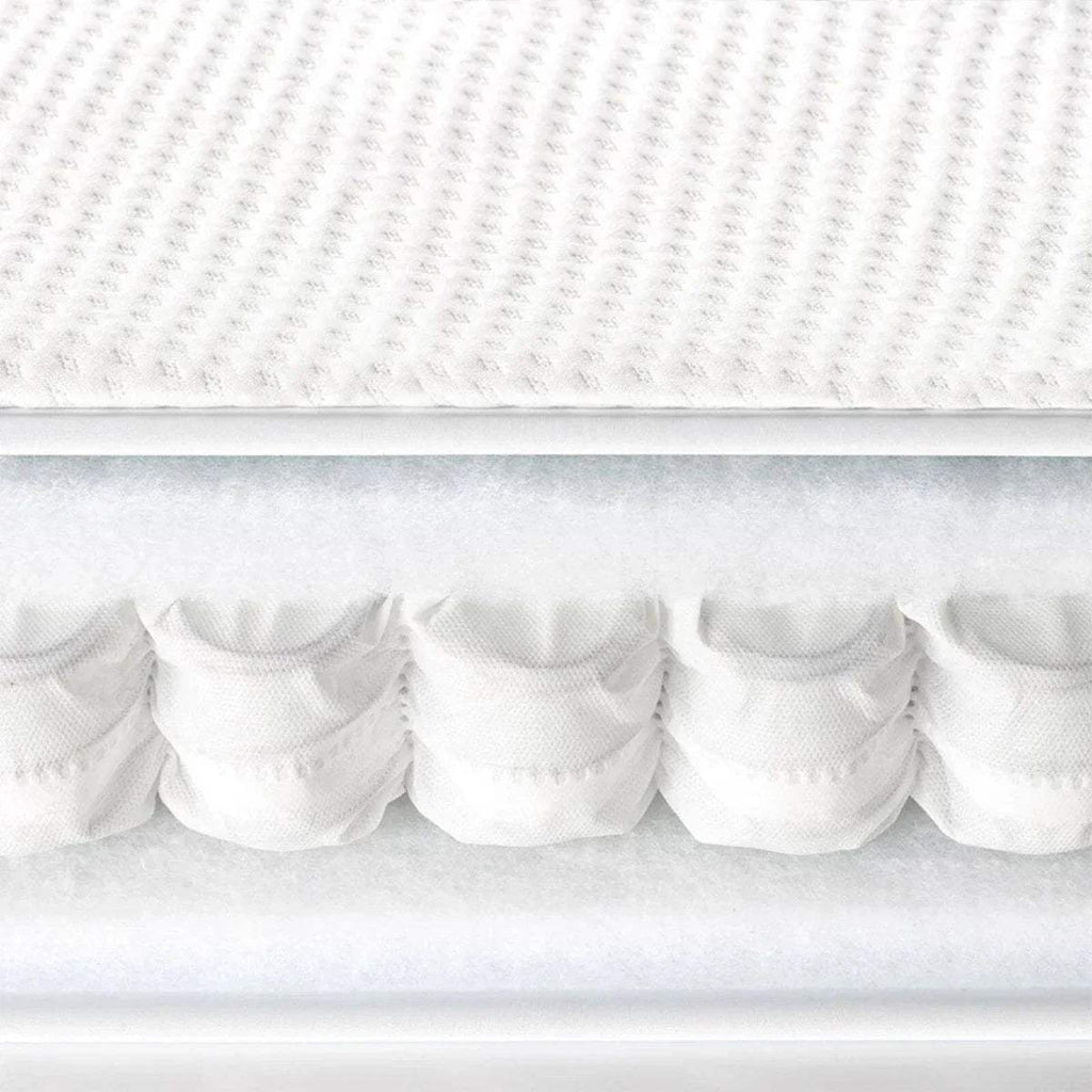 Mini cot mattress, white underside with padded support rows and stitched cover