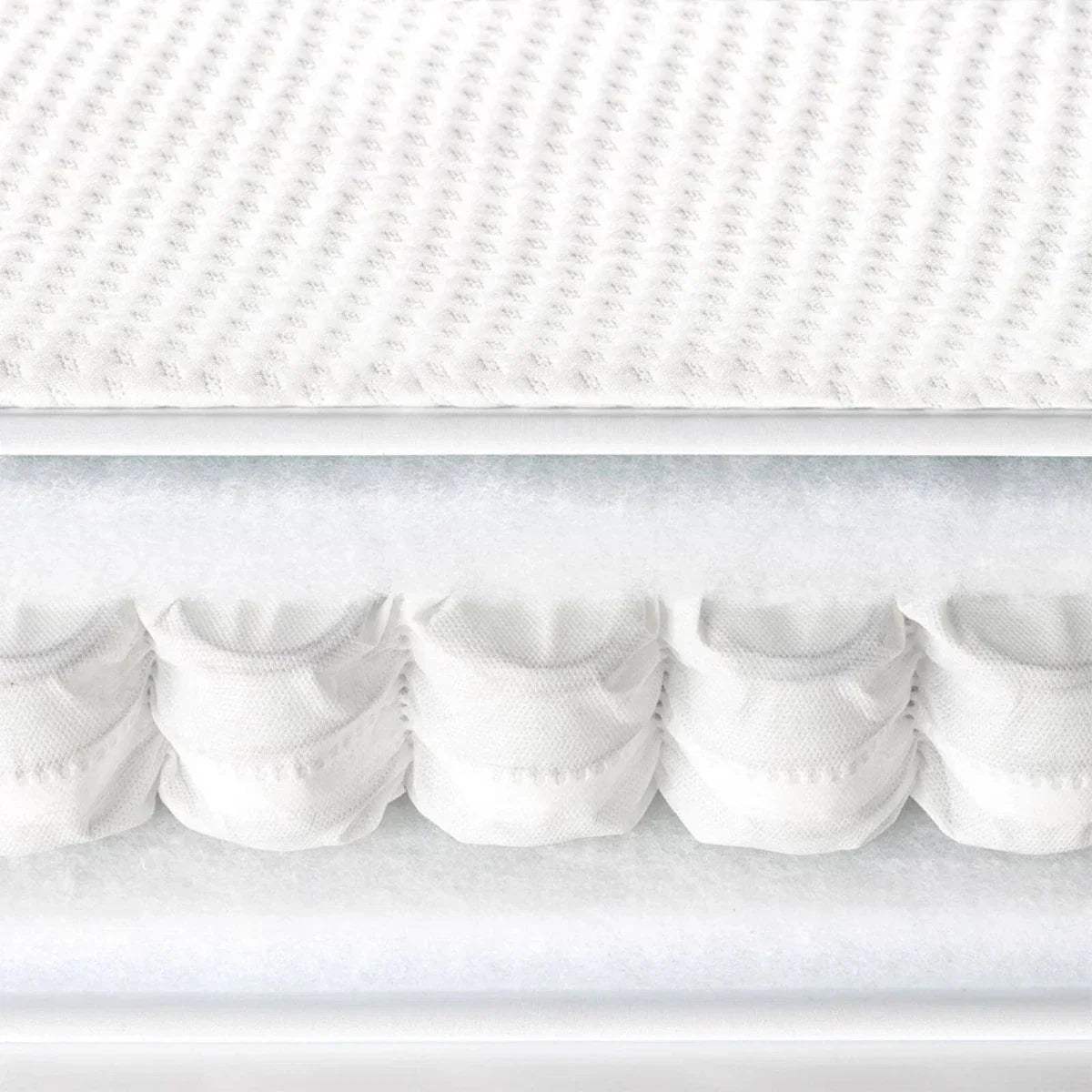 Mini cot mattress, white underside with padded support rows and stitched cover
