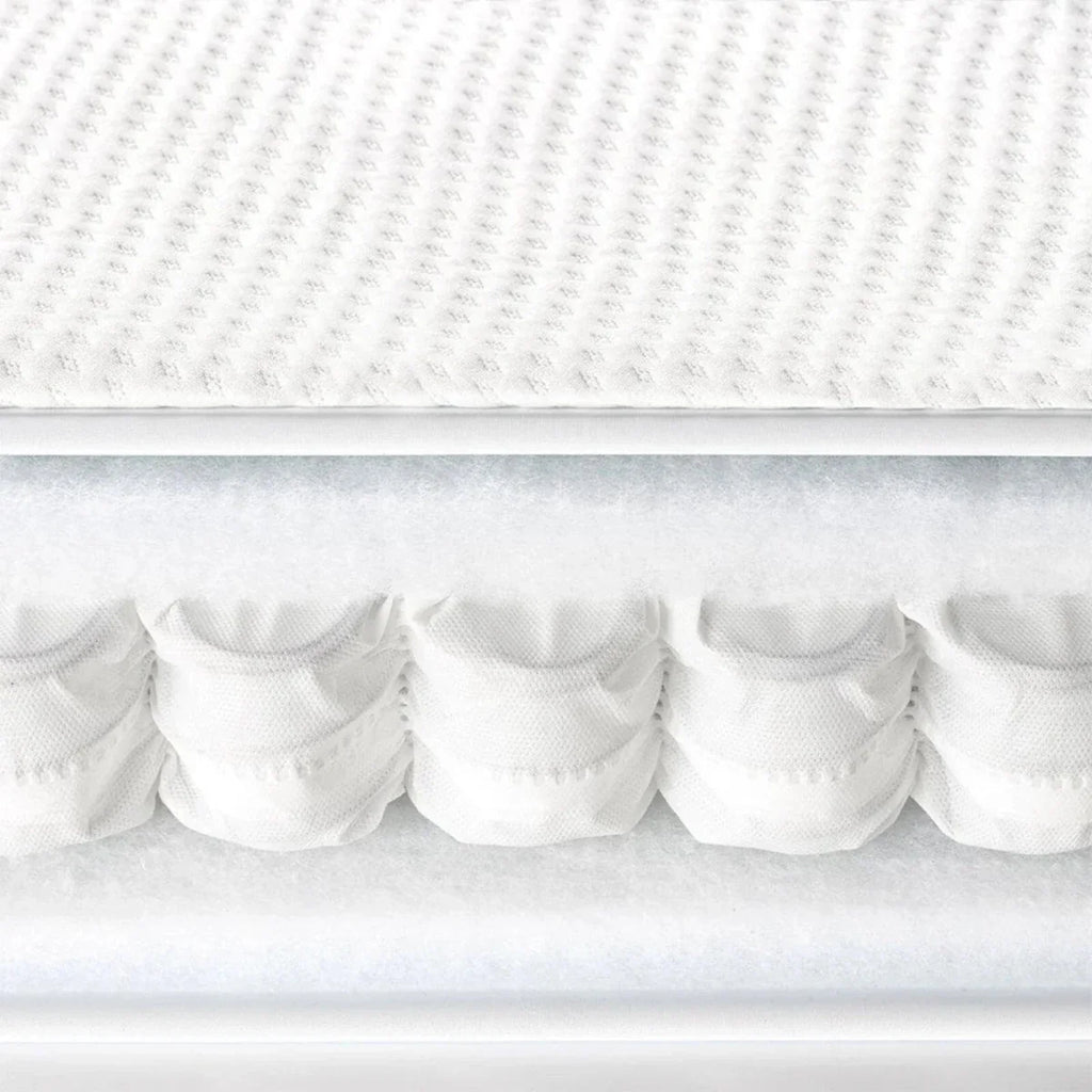 White quilted baby mattress pad with elastic edge and sewn side straps