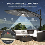 Dark grey solar LED cantilever parasol canopy with central LED light