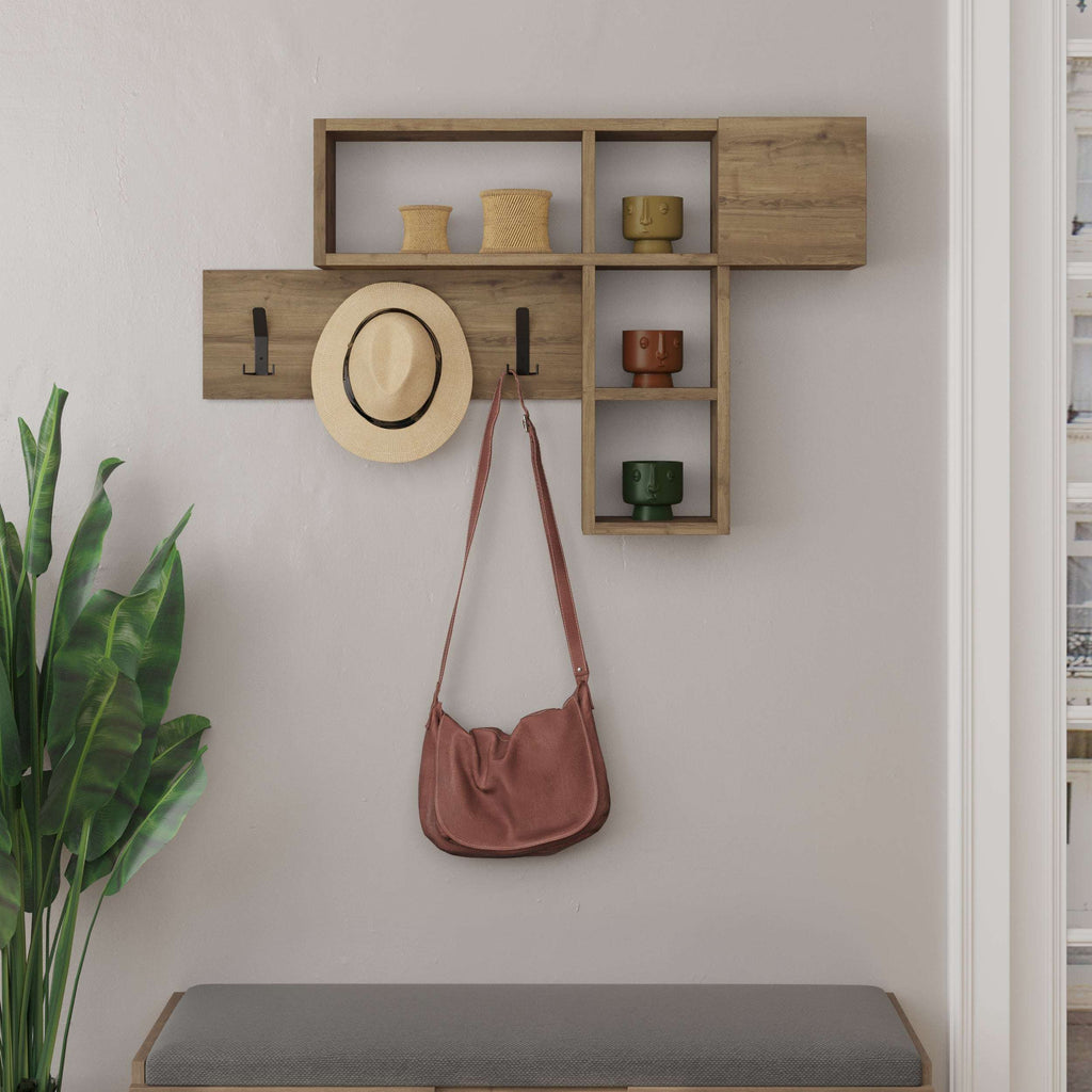 Wooden wall game hanger with hooks, open shelves, and hat and bag display areas