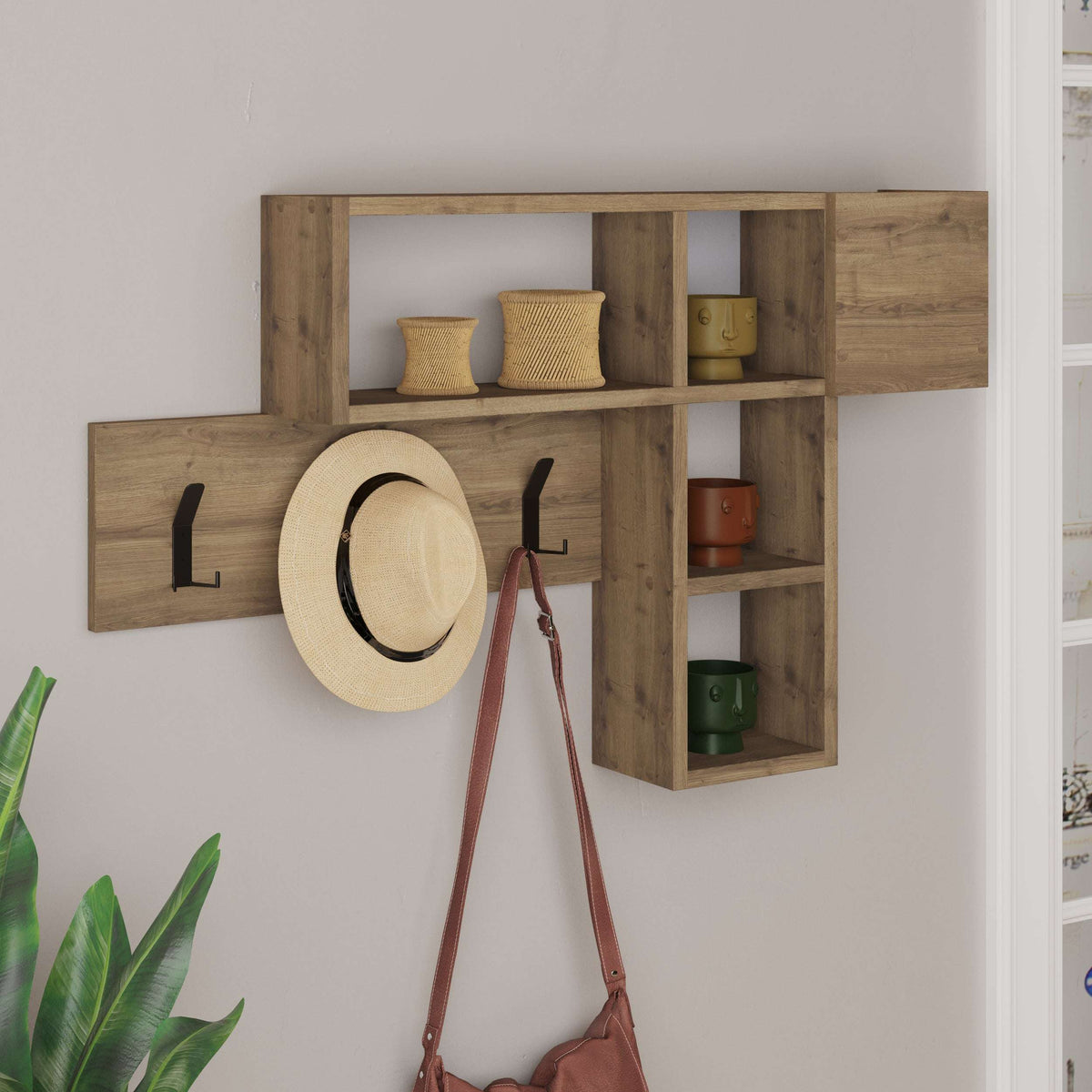 Wood wall game hanger with multiple hooks, hat storage, and open cubby shelves