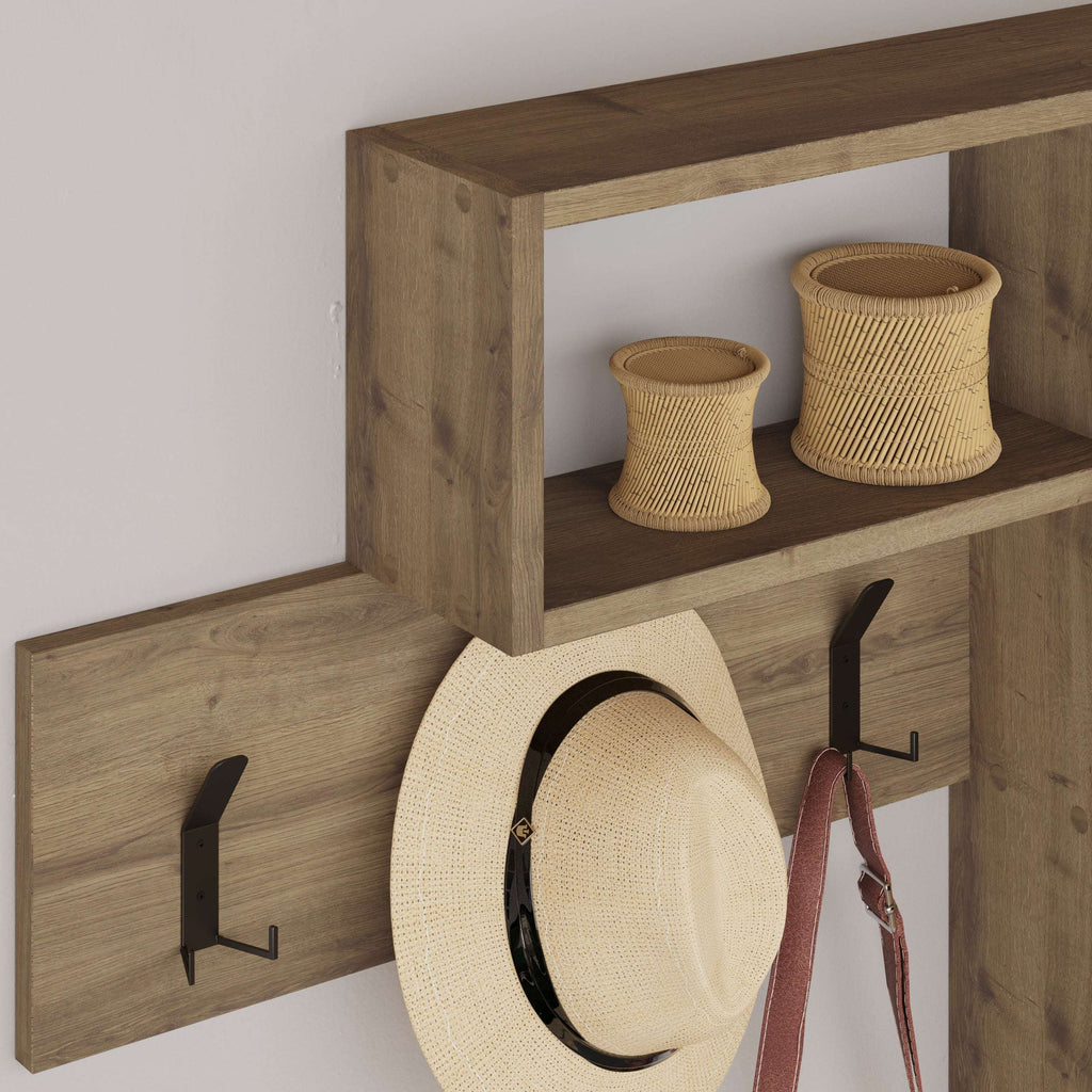 Wooden corner wall game hanger with hooks and hat shelf with open storage compartments