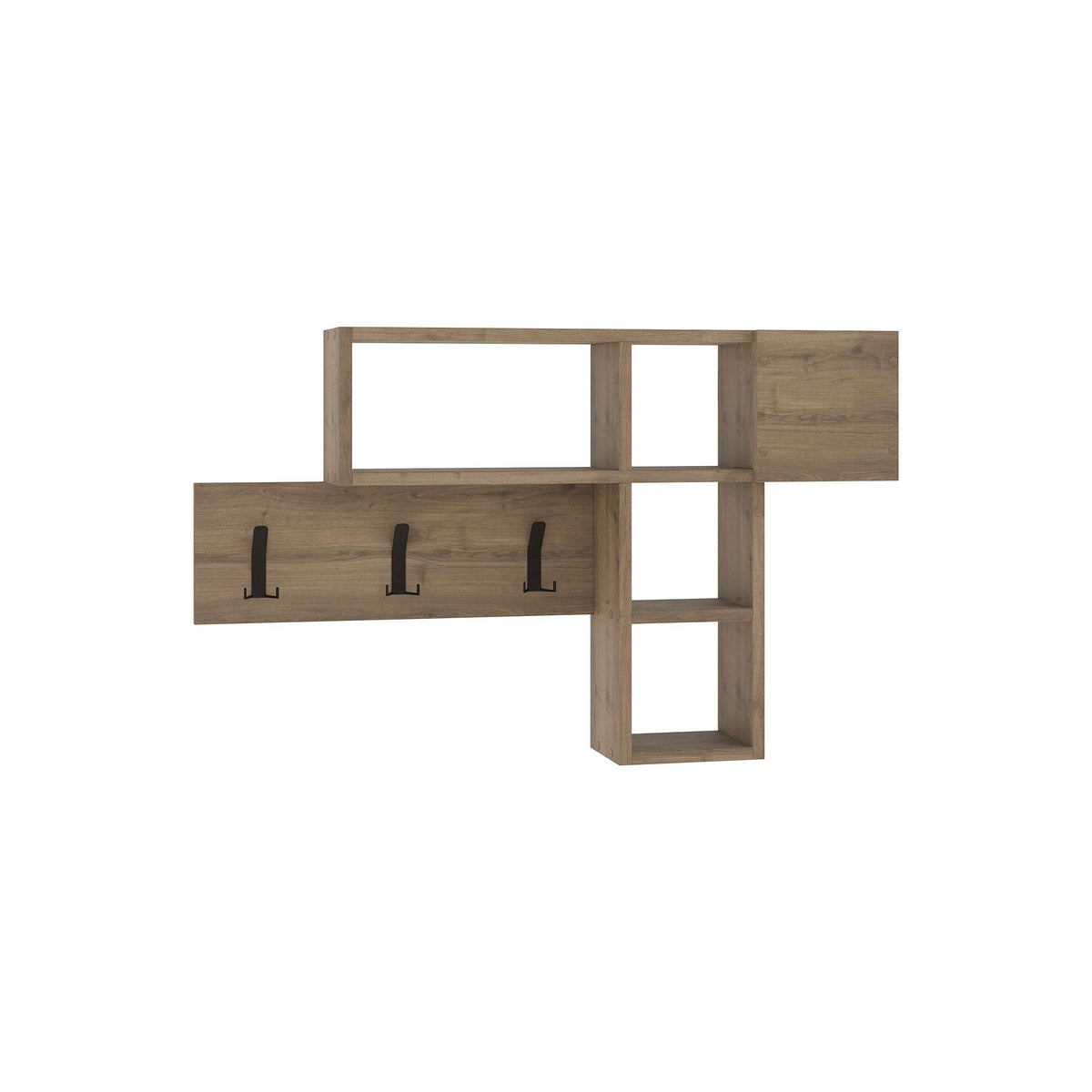 Wall game hanger with three hooks, light wood shelves, and open cube storage