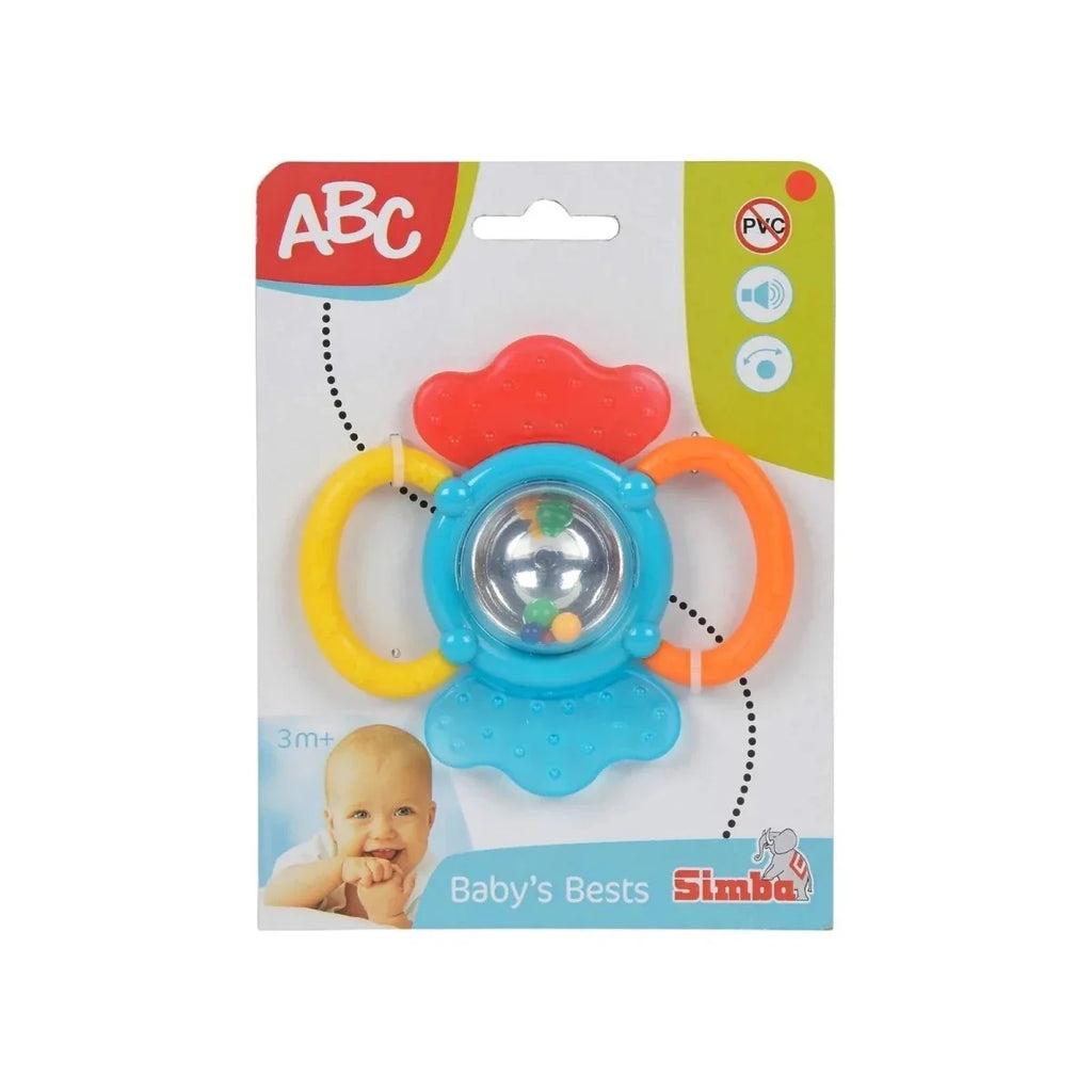 Simba ABC activity rattle retail box with red ABC card and blue flower toy