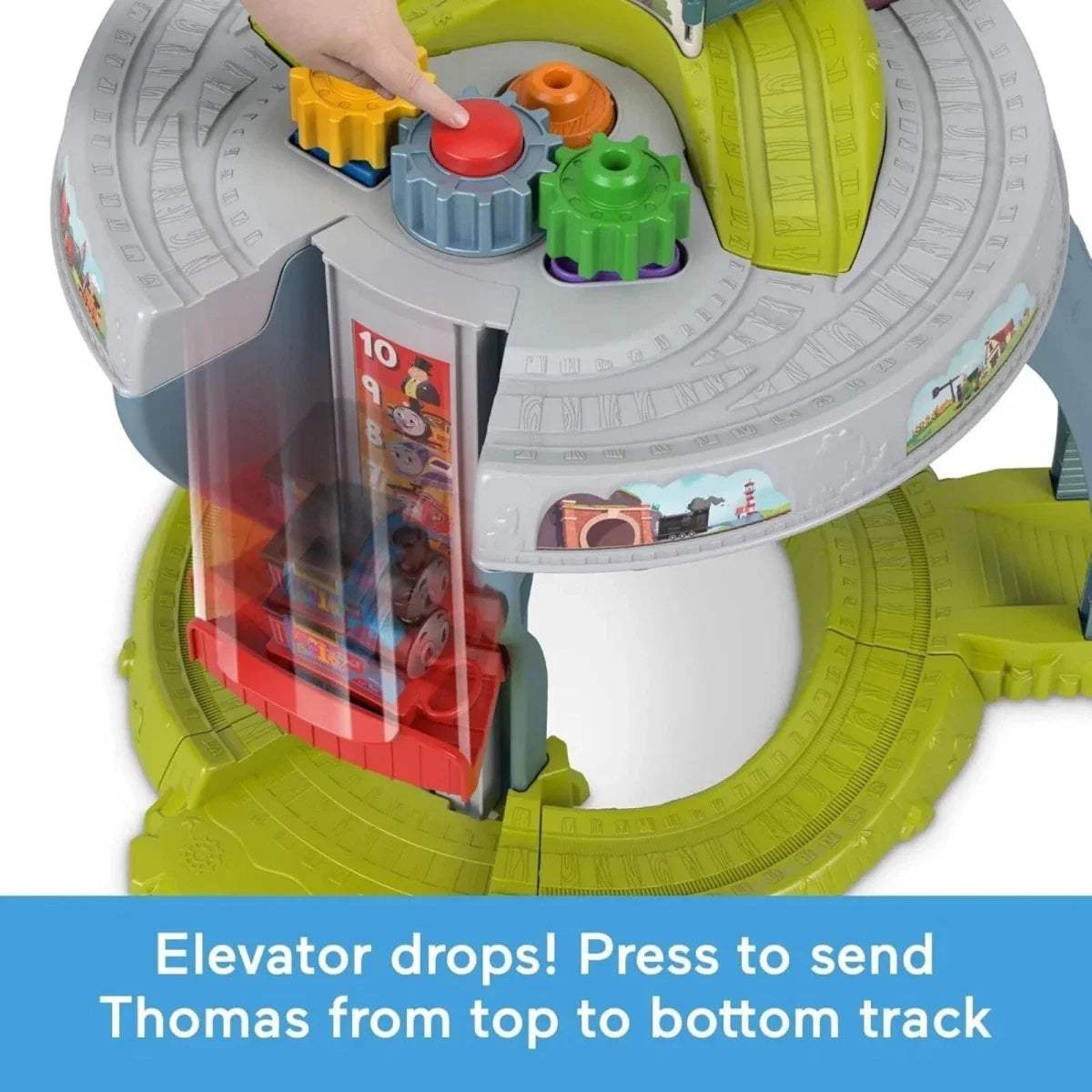 Kids train table top section with colored buttons and raised track lanes