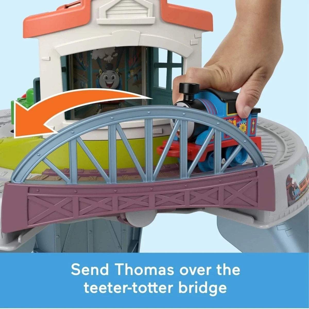 Kids train table bridge with gray-blue support arch and purple front panel