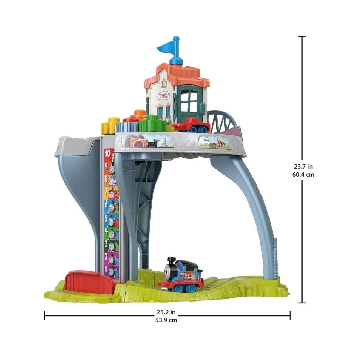 Kids train table with tower structure, curved rails, and small locomotive inside