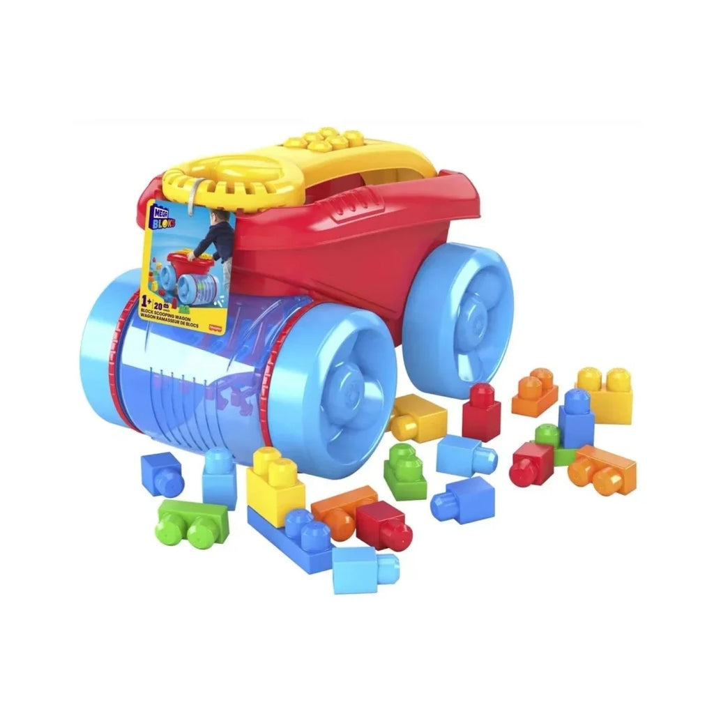 Red and blue block scooping wagon with yellow top and colorful plastic blocks
