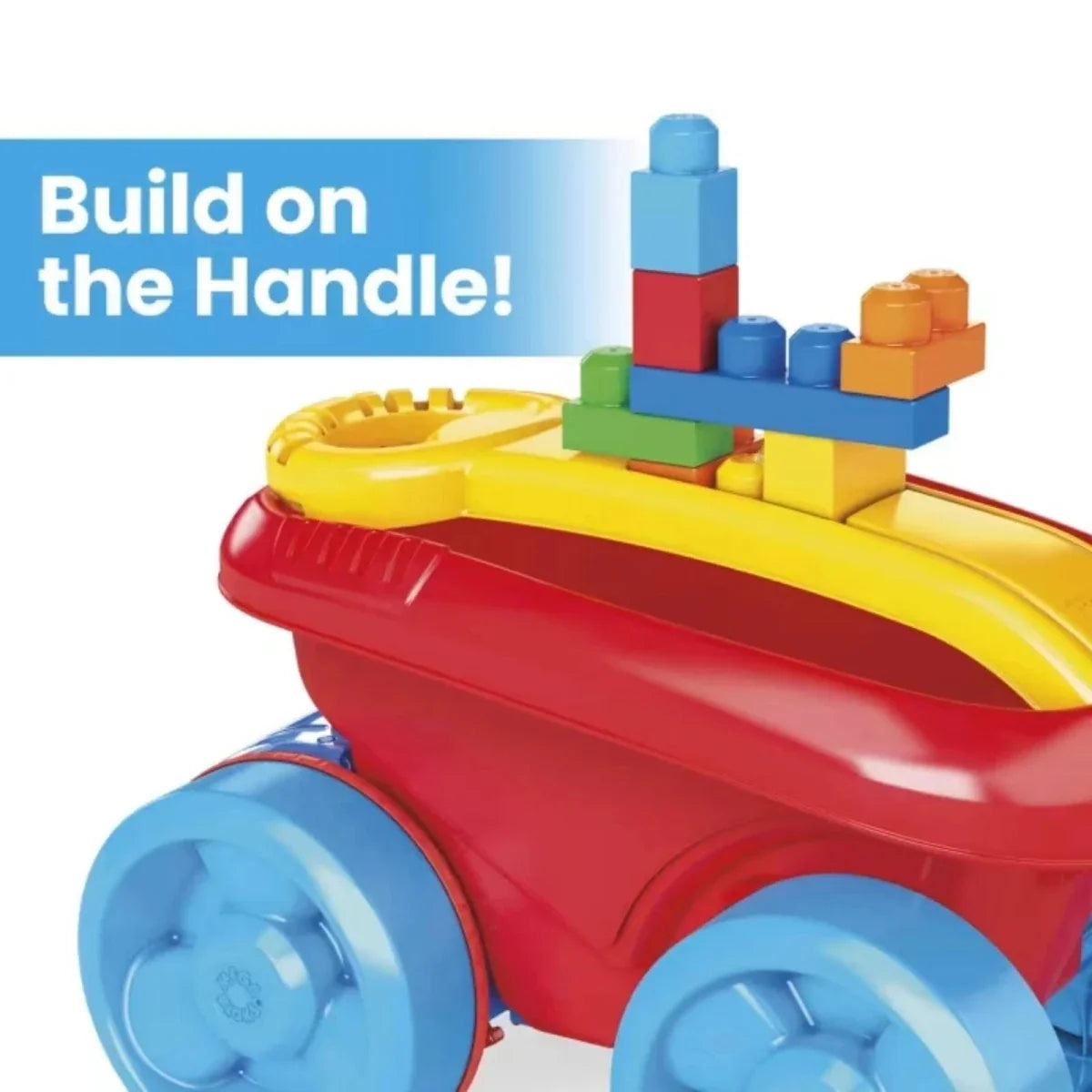 Red and yellow scooping wagon top handle with multicolor blocks on display