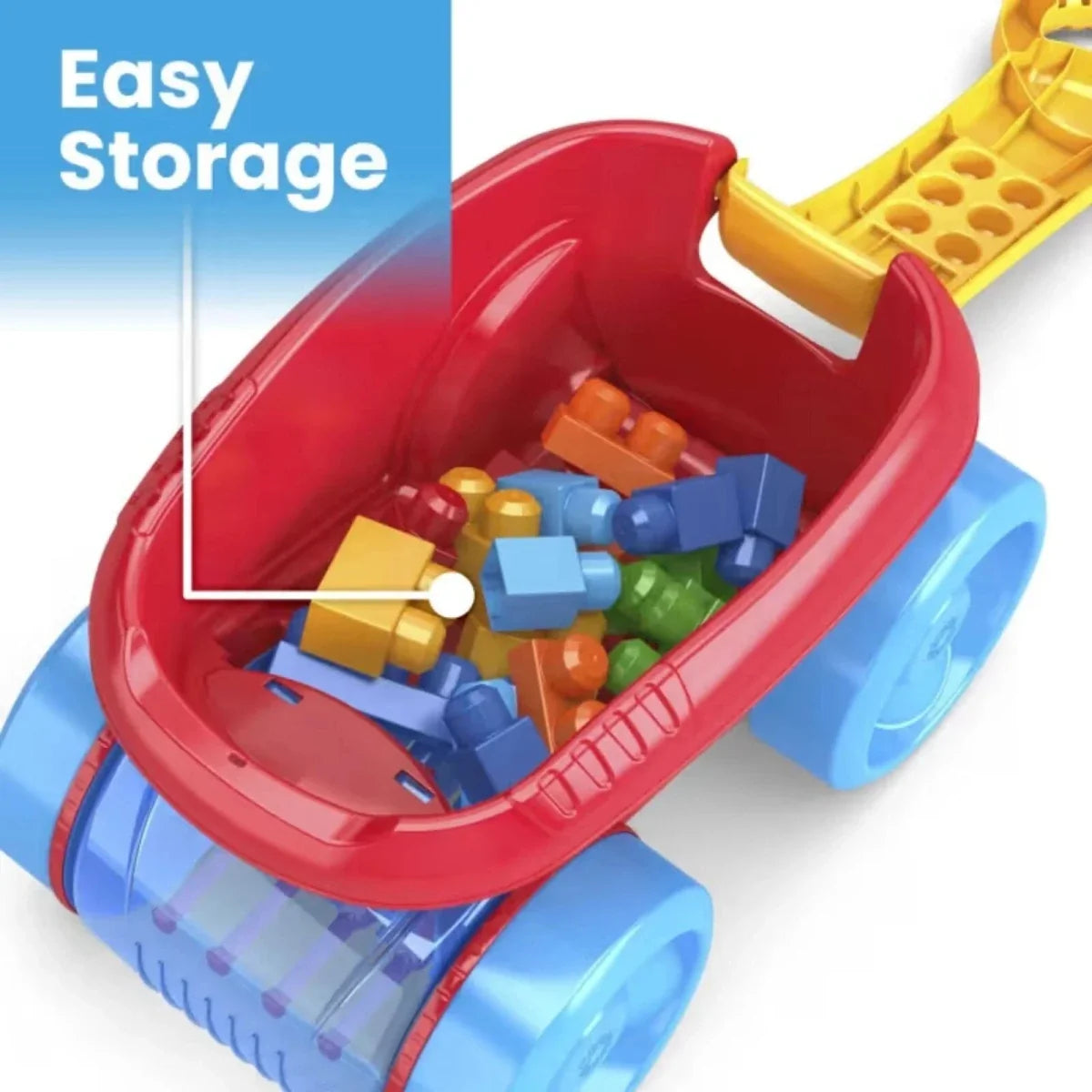 Red scooper wagon body open with colorful plastic blocks inside