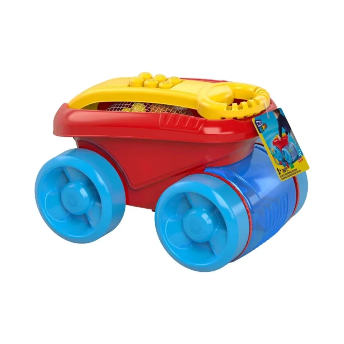 Yellow and red block scooping wagon with blue wheels, ready to pick up blocks