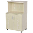 Light oak tone storage cabinet with open top shelf and two-door base on wheels