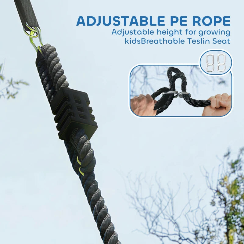 Adjustable black braided rope with metal clips for a blue nest swing