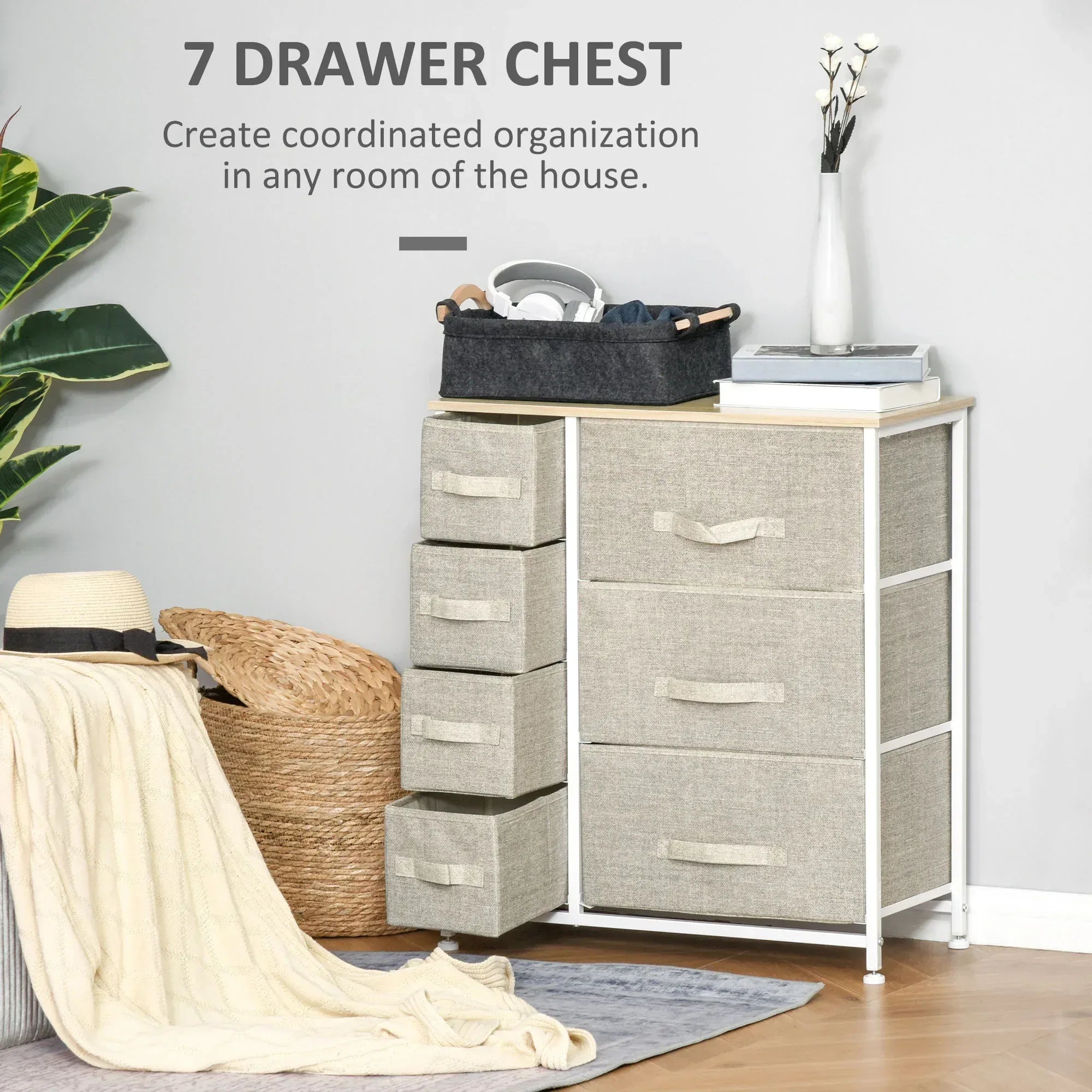 Chest of Drawers with 7 Drawers, Fabric Drawers with Large Storage Space, Drawers Dresser with Metal Frame, Adjustable Feet for Bedroom Living Room, Light Grey - Bobobiy