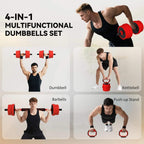 Red adjustable 4-in-1 weight set showing dumbbell, barbell, and kettlebell use