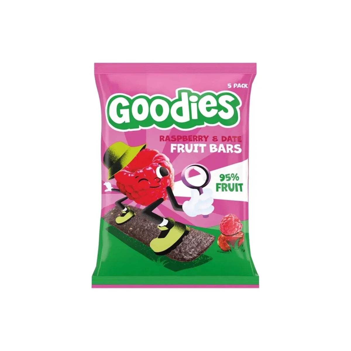Raspberry and date fruit bars 5-pack bag with berry character illustration