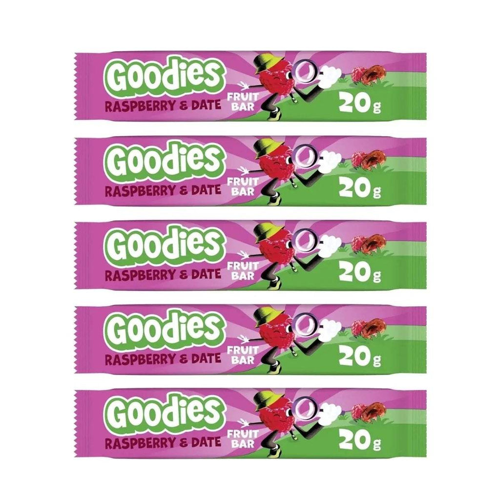 Raspberry and date fruit bar multipack showing five 20g wrappers