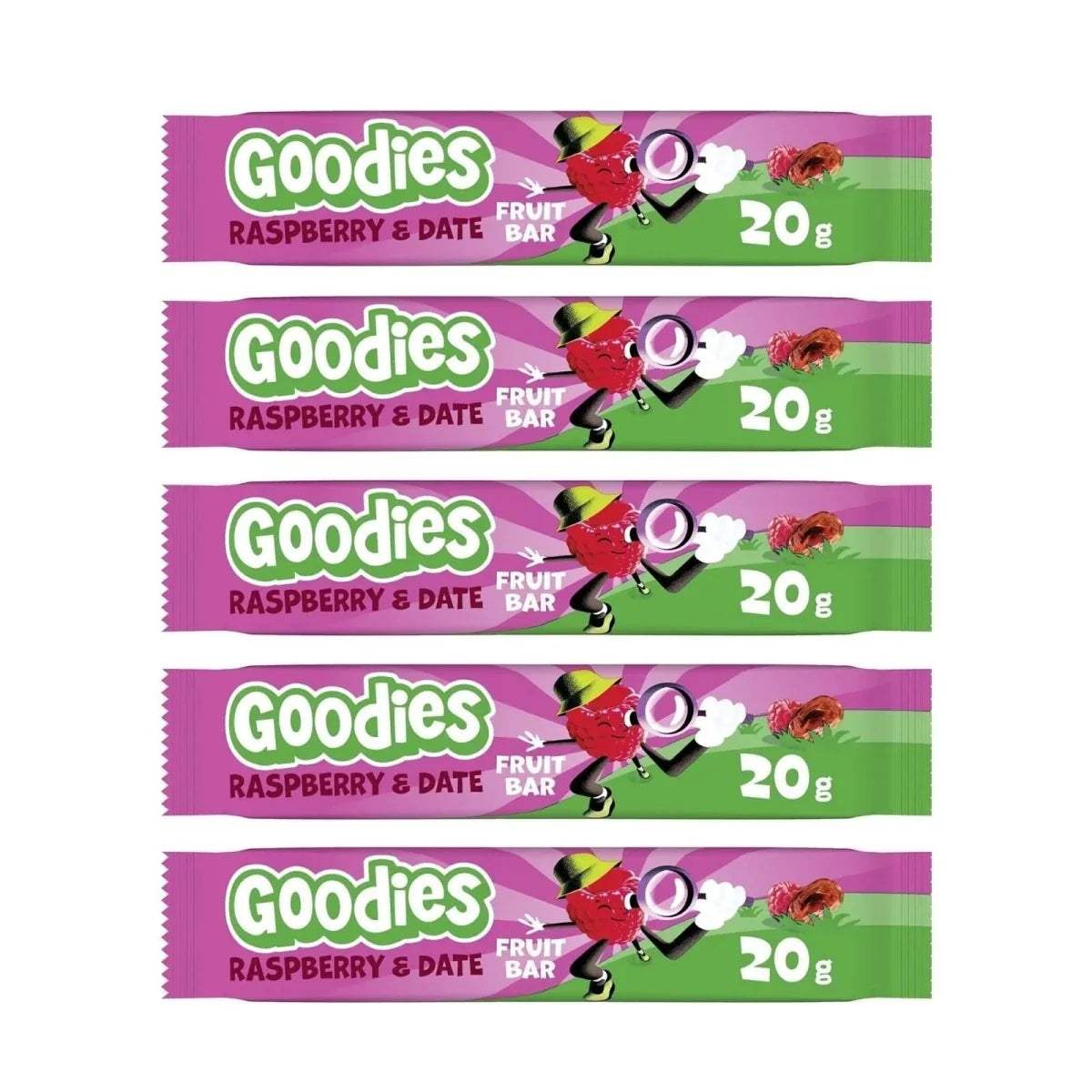 Raspberry and date fruit bar multipack showing five 20g wrappers