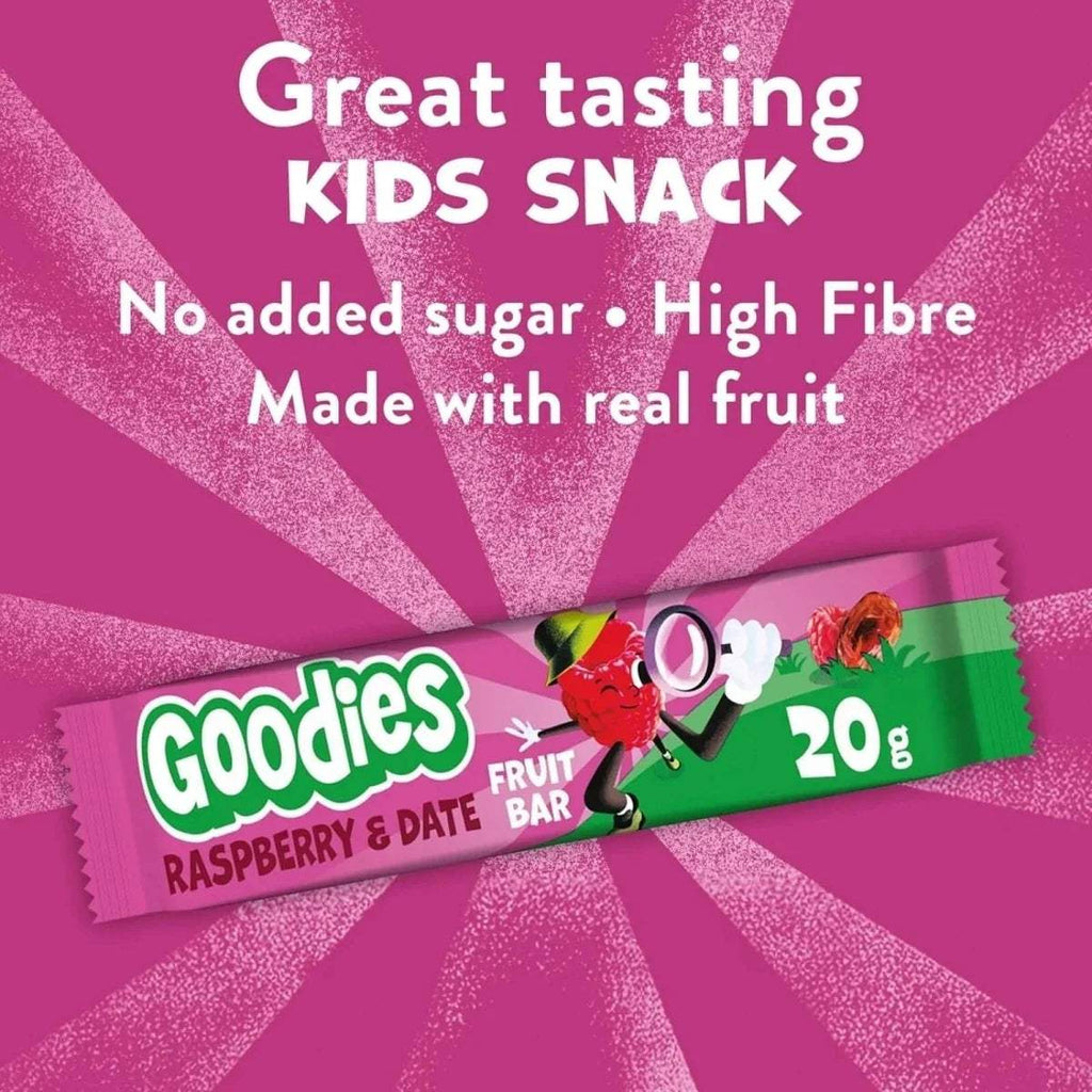 Raspberry and date fruit bar wrapper with kids snack text and bar graphic