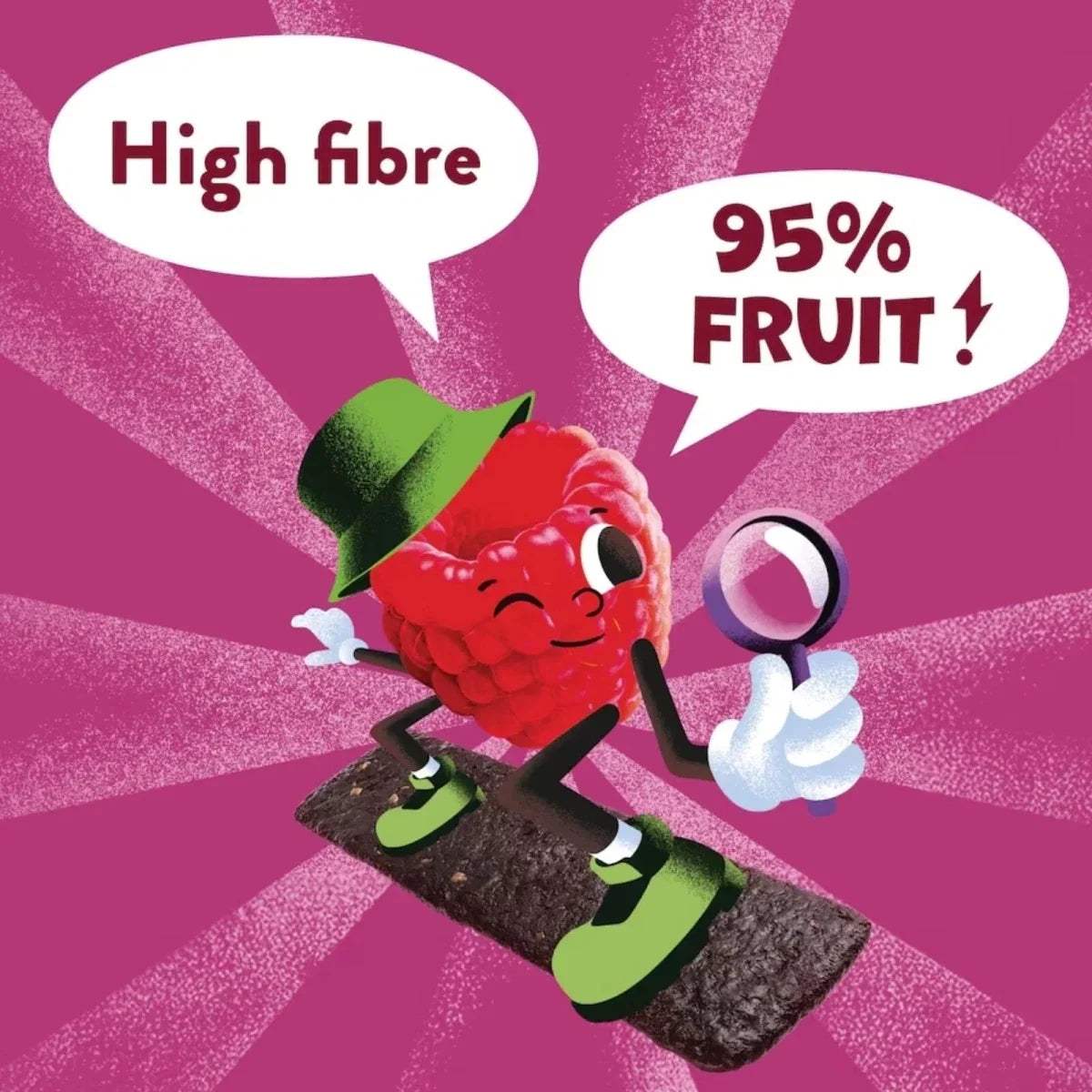 Raspberry and date fruit bar wrapper highlighting High fibre and 95% fruit
