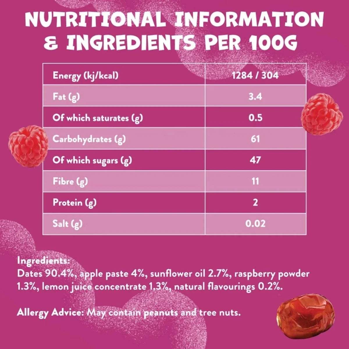 Raspberry and date fruit bar nutrition information panel per 100g