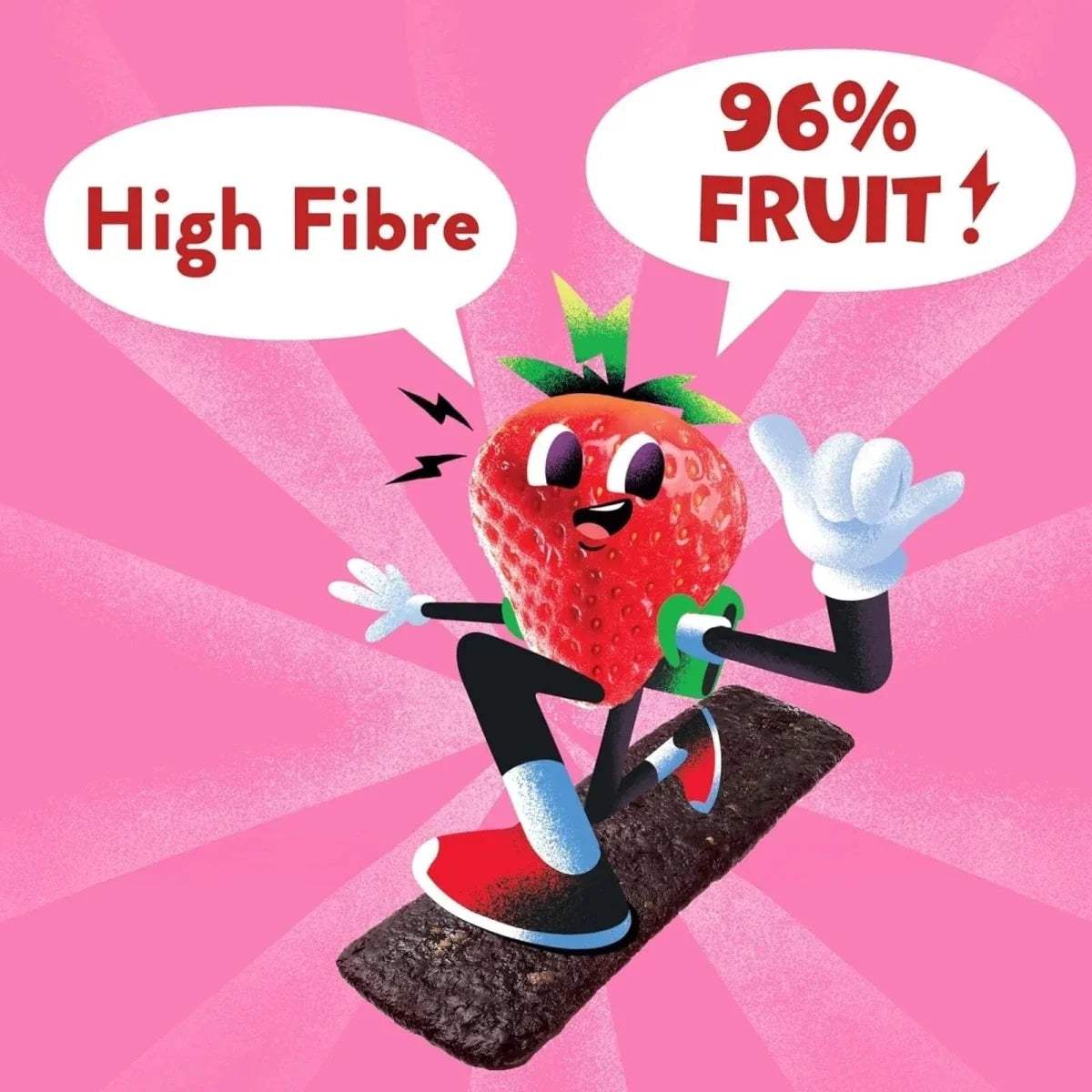 Strawberry and date fruit bar graphic, marked 96% fruit and high fibre