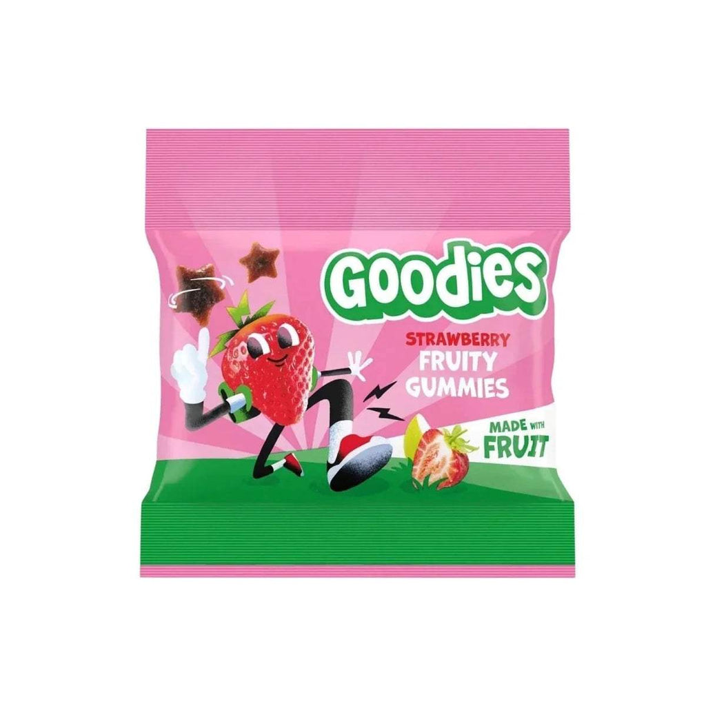 Goodies Strawberry fruit gummies pouch, pink pack with green logo and cartoon berry