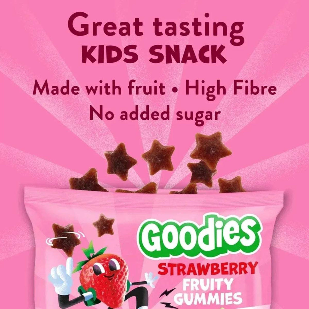 Strawberry fruit gummies pouch with Goodies logo and star-shaped gummies on top
