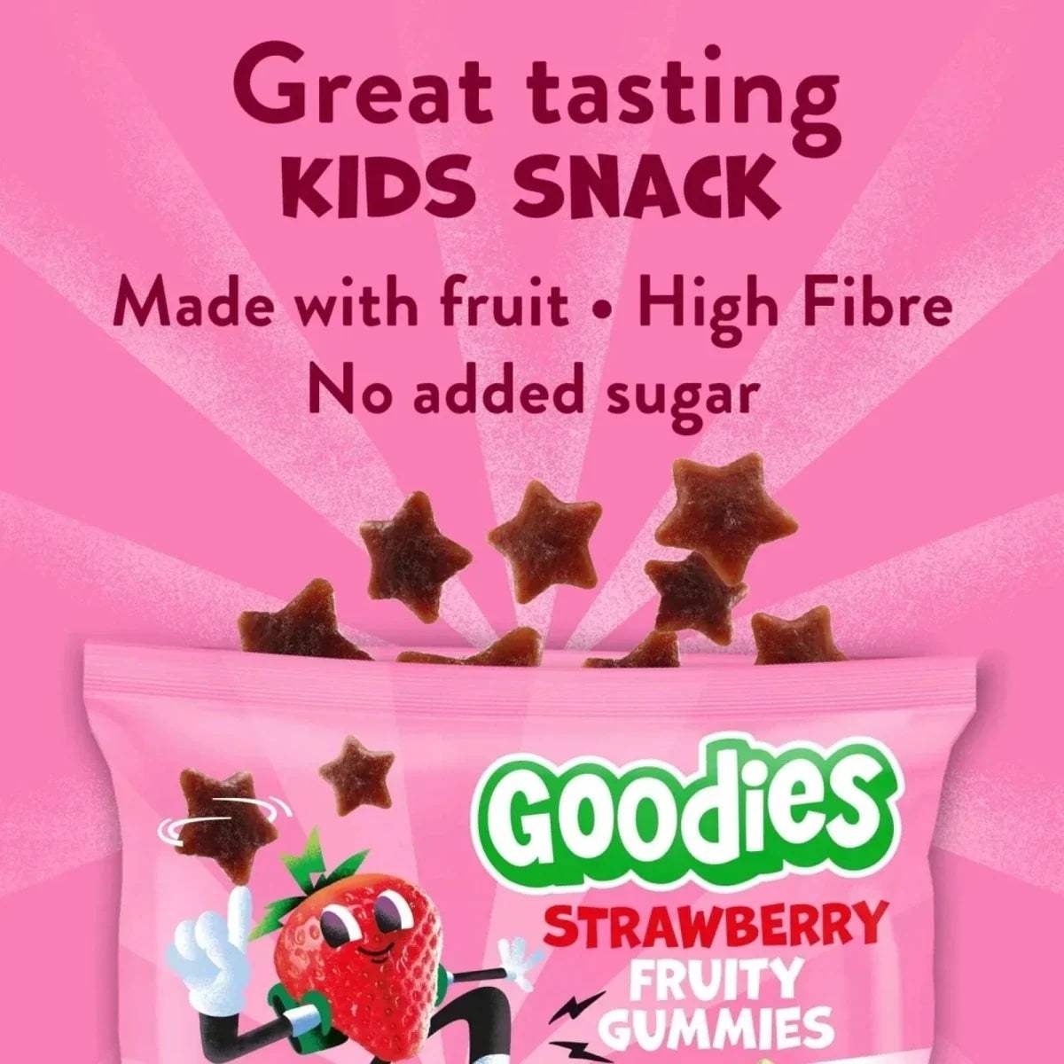 Strawberry fruit gummies pouch with Goodies logo and star-shaped gummies on top