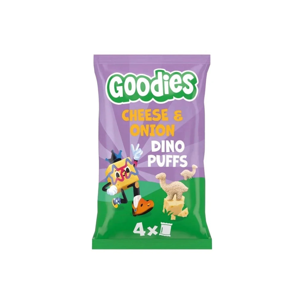 Cheese & onion dino puffs snack bag, front view with Goodies logo