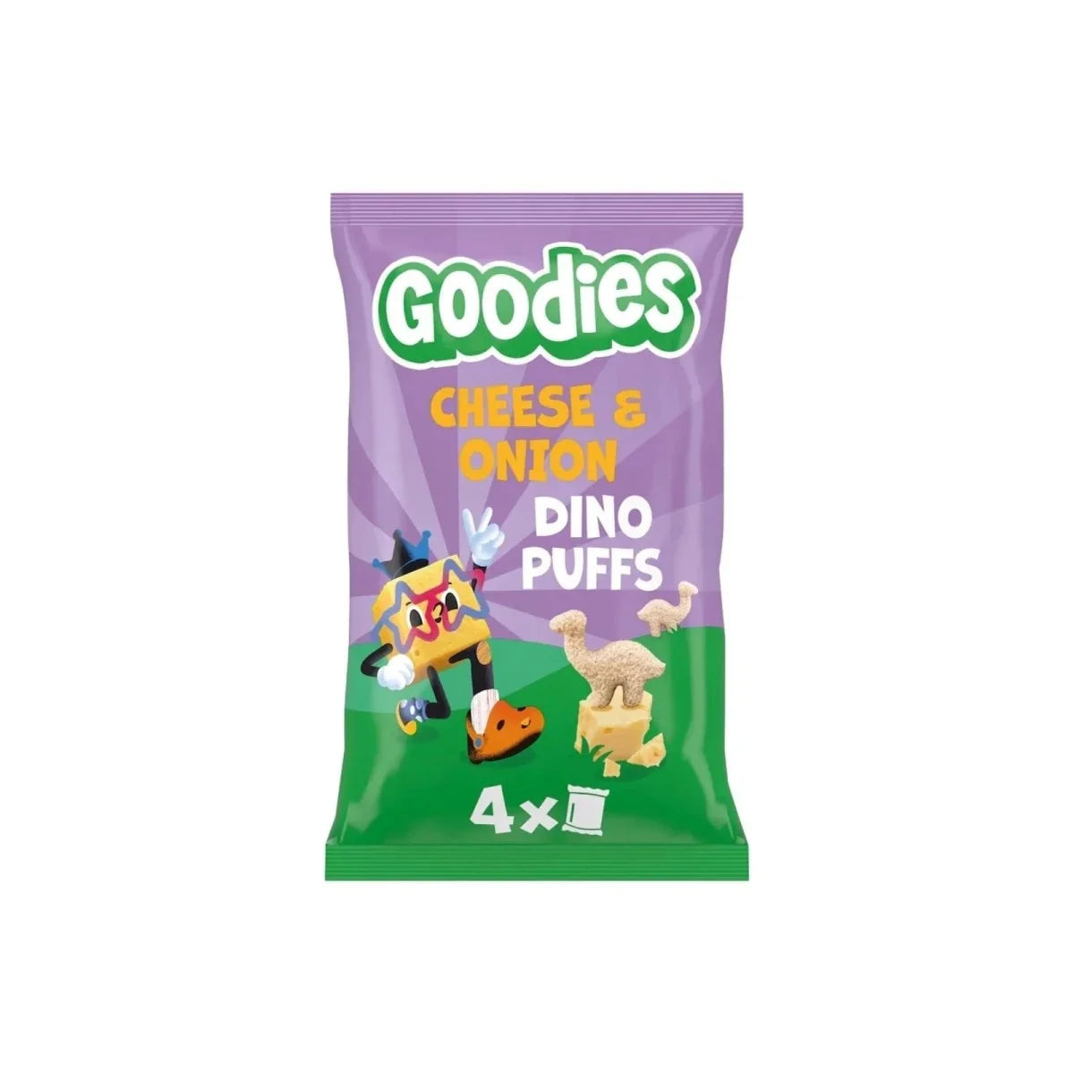 Cheese & onion dino puffs snack bag, front view with Goodies logo