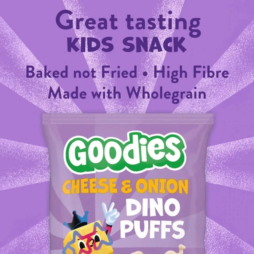 Goodies cheese & onion dino puffs snack bag, top-front close-up