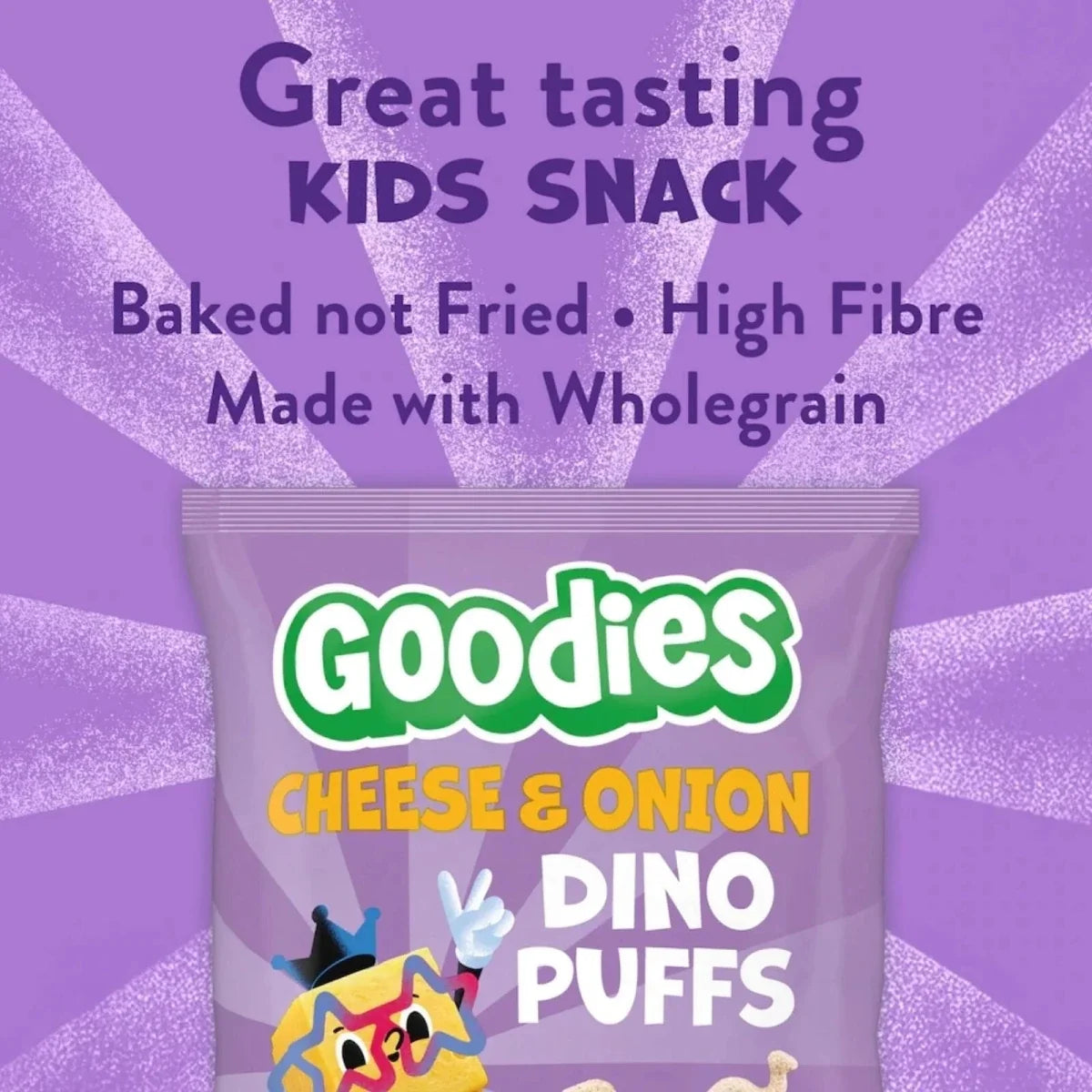 Goodies cheese & onion dino puffs snack bag, top-front close-up