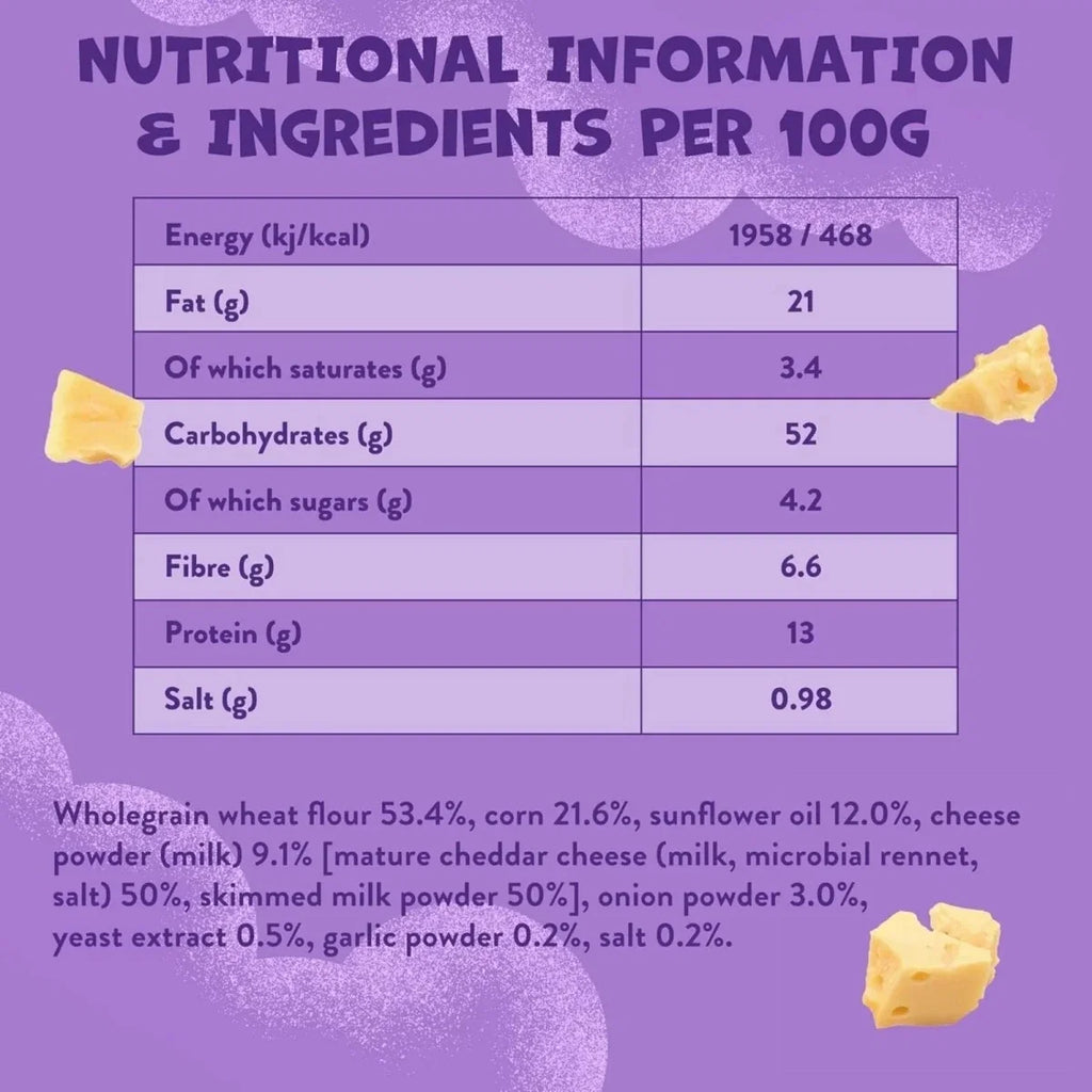 Nutrition information panel for cheese & onion dino puffs, per 100g
