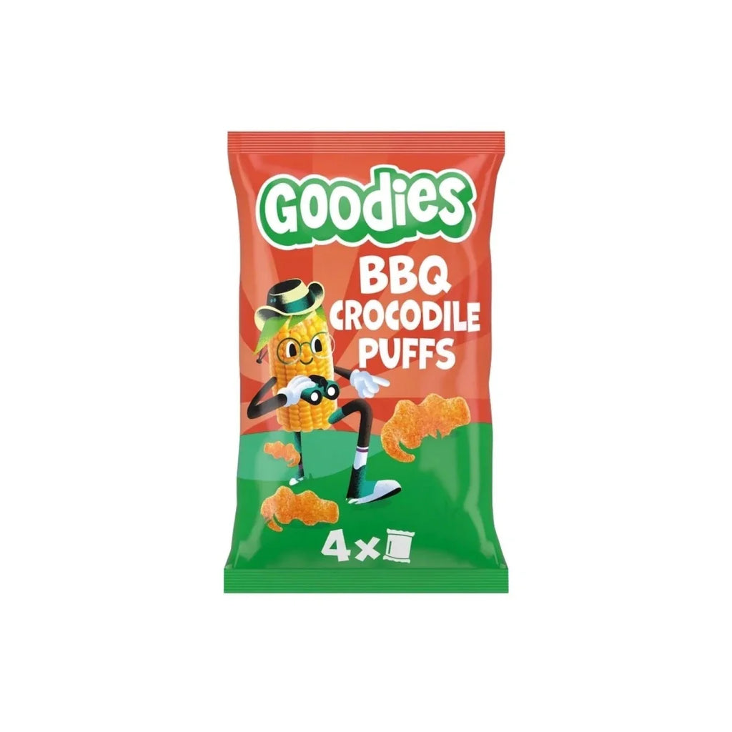 Snack bag of BBQ crocodile puffs with cartoon crocodile, orange and green packaging