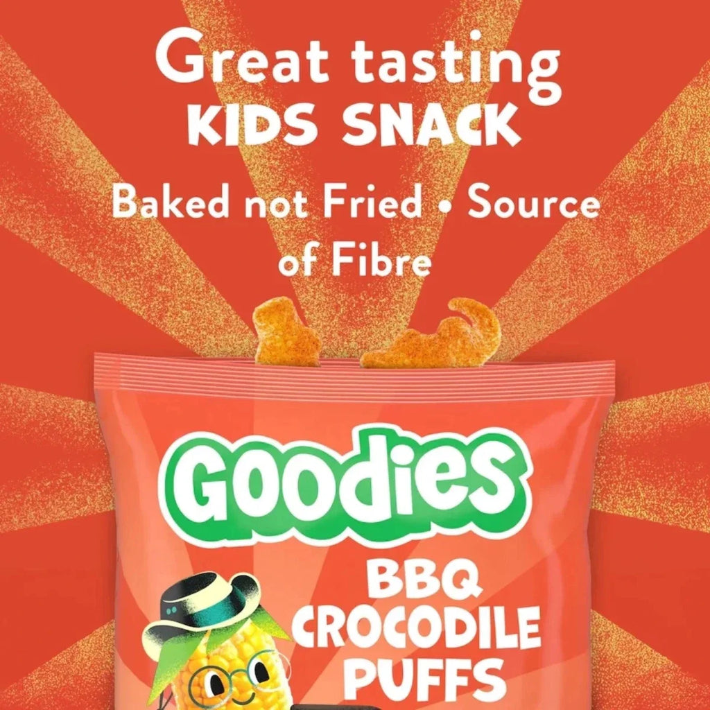 Kids snack pouch of BBQ crocodile puffs with Goodies logo and flavor text