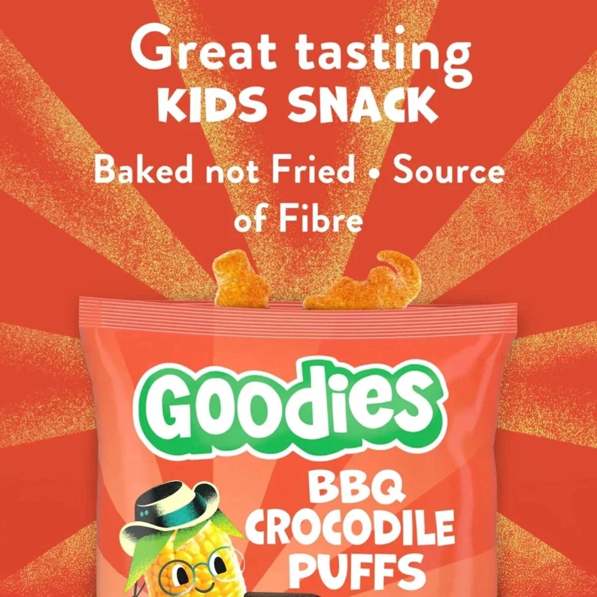Kids snack pouch of BBQ crocodile puffs with Goodies logo and flavor text