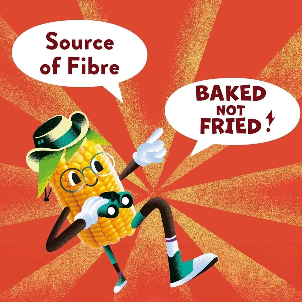 BBQ crocodile puffs pouch artwork with corn character and bubbles: baked not fried