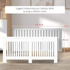 White radiator cover cabinet with vertical slatted grill and measuring guide lines.