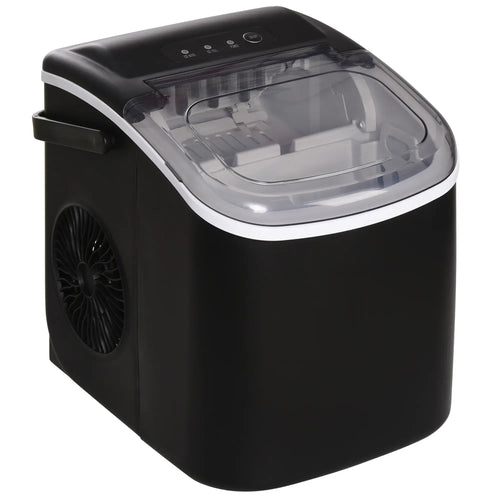 Black countertop ice maker with clear lid and front air vent