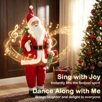 Dancing red Santa figurine holding green sack, smiling white beard, festive stance
