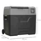 Grey portable refrigerator cooler box with wheels, front door, and top handle