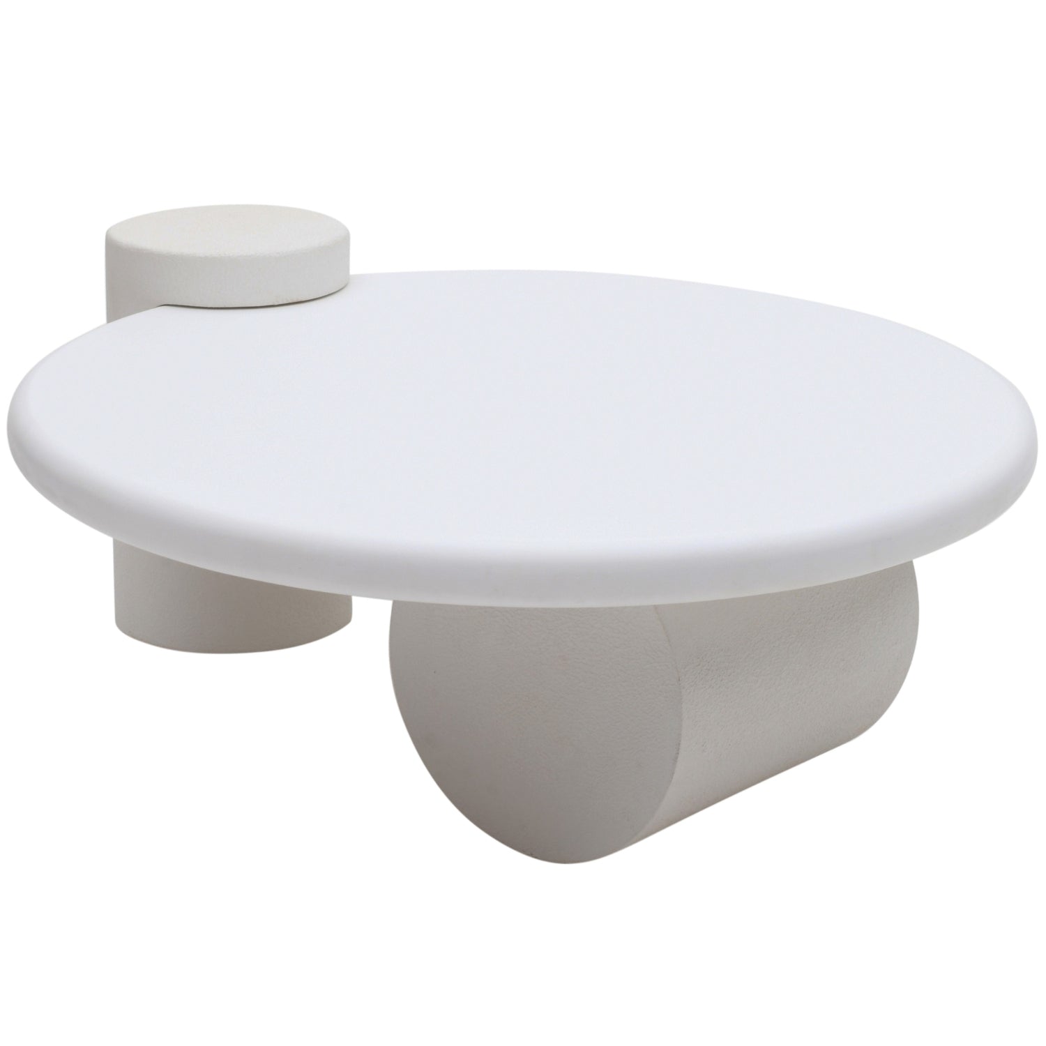 Modern white coffee table with cylindrical design on a white background