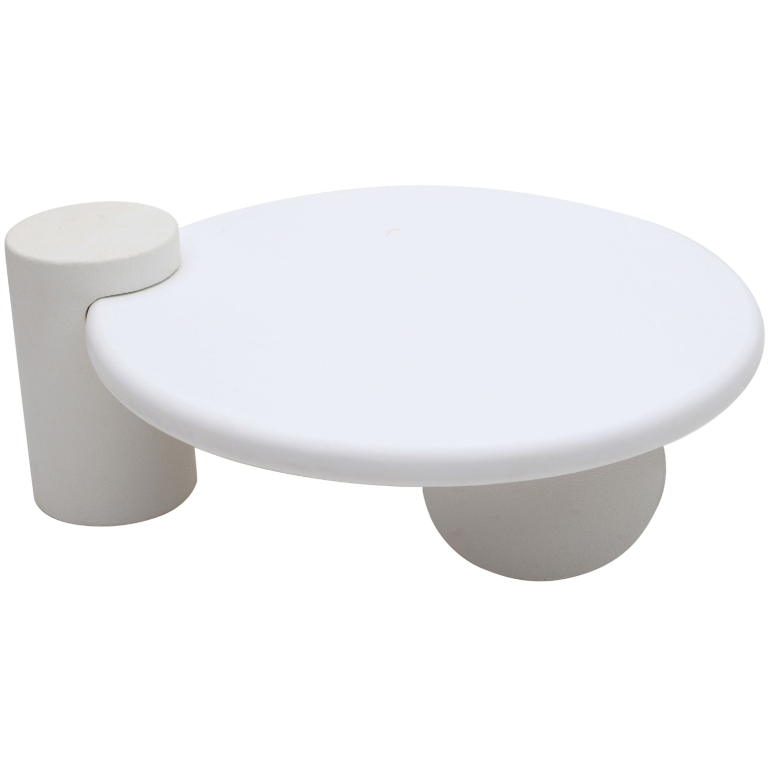 Modern white coffee table with cylindrical legs on a white background