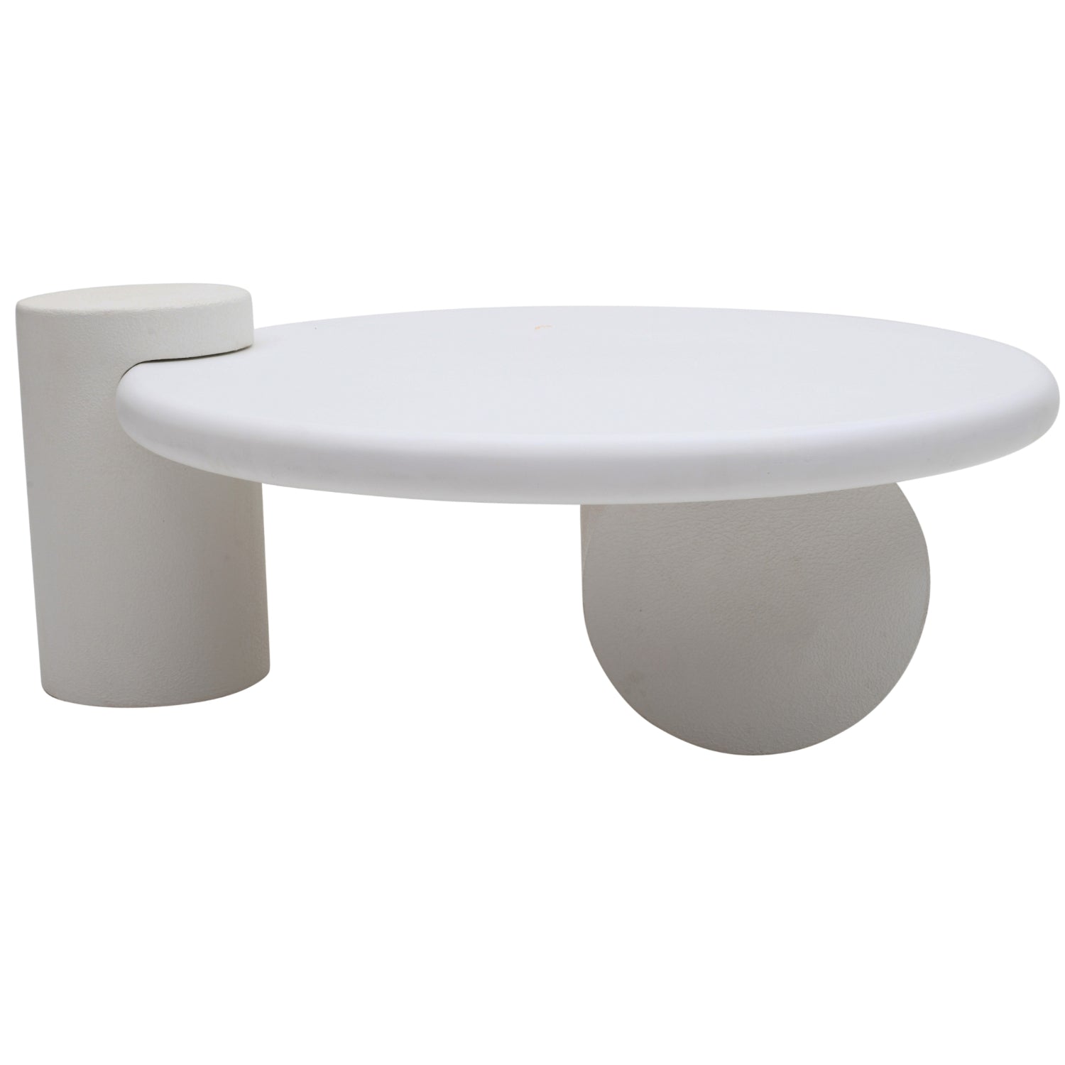 Modern white coffee table with cylindrical base on a white background
