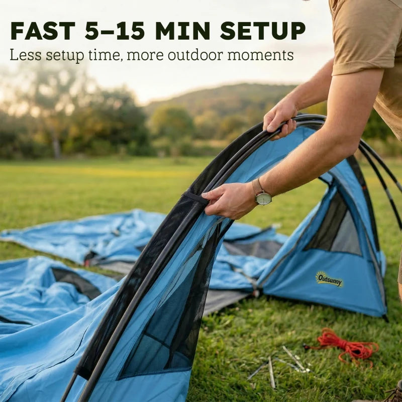 Sky blue family camping tent with frame being assembled by a person