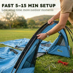 Sky blue family camping tent with frame being assembled by a person